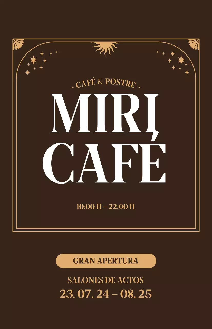 Promocione el descuento de apertura de una cafetería con un ambiente beige sobre fondo marrón