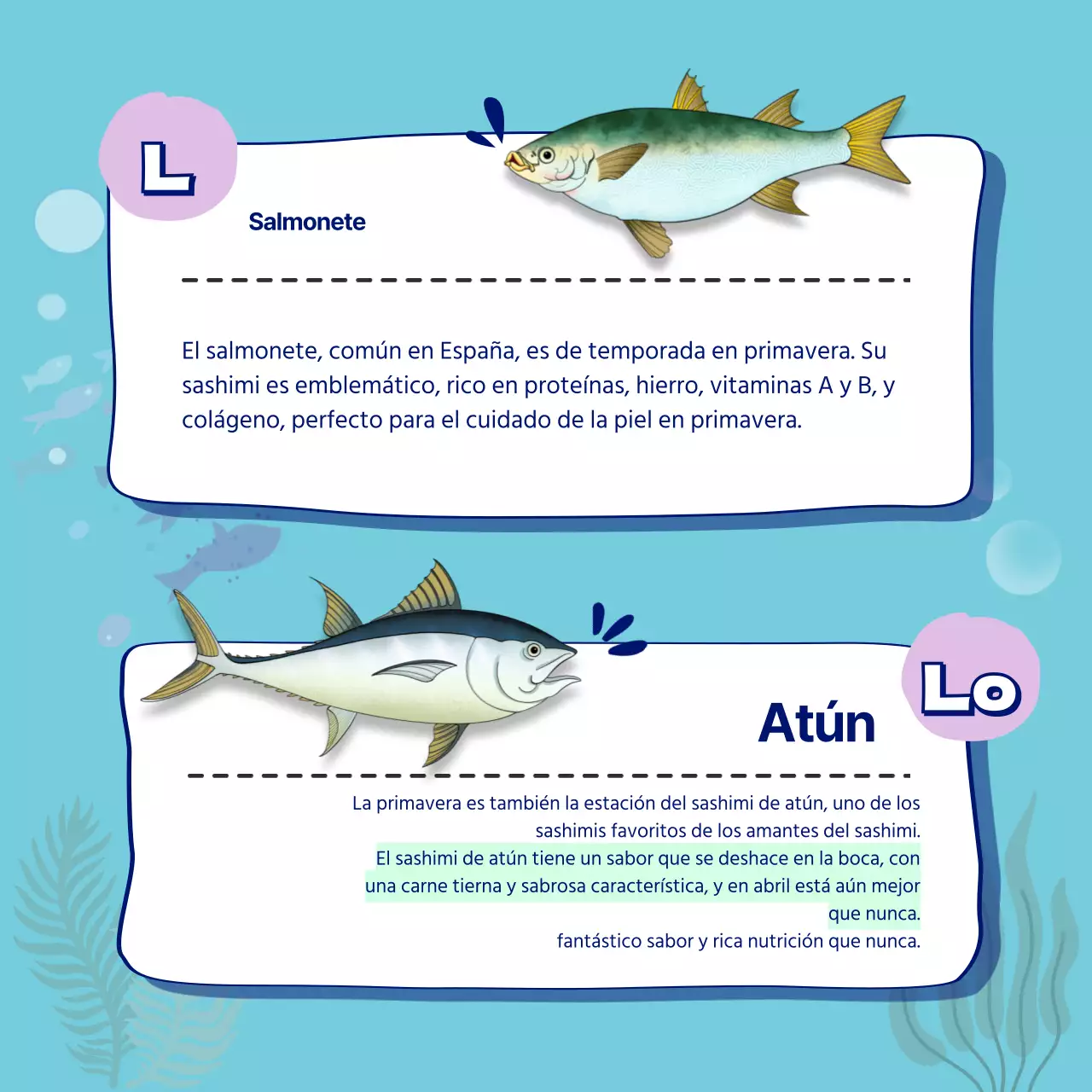 Guía mensual de sashimi de temporada en azul CardNews