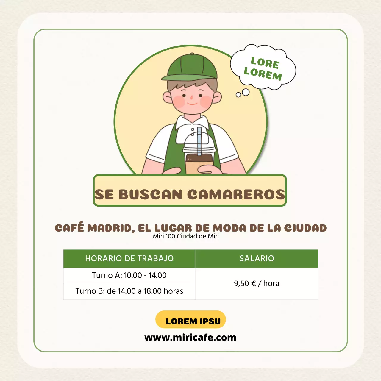 Anuncio de contratación de personal de cafetería con simpáticas ilustraciones en beige y verde V1