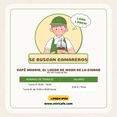 Anuncio de contratación de personal de cafetería con simpáticas ilustraciones en beige y verde V1