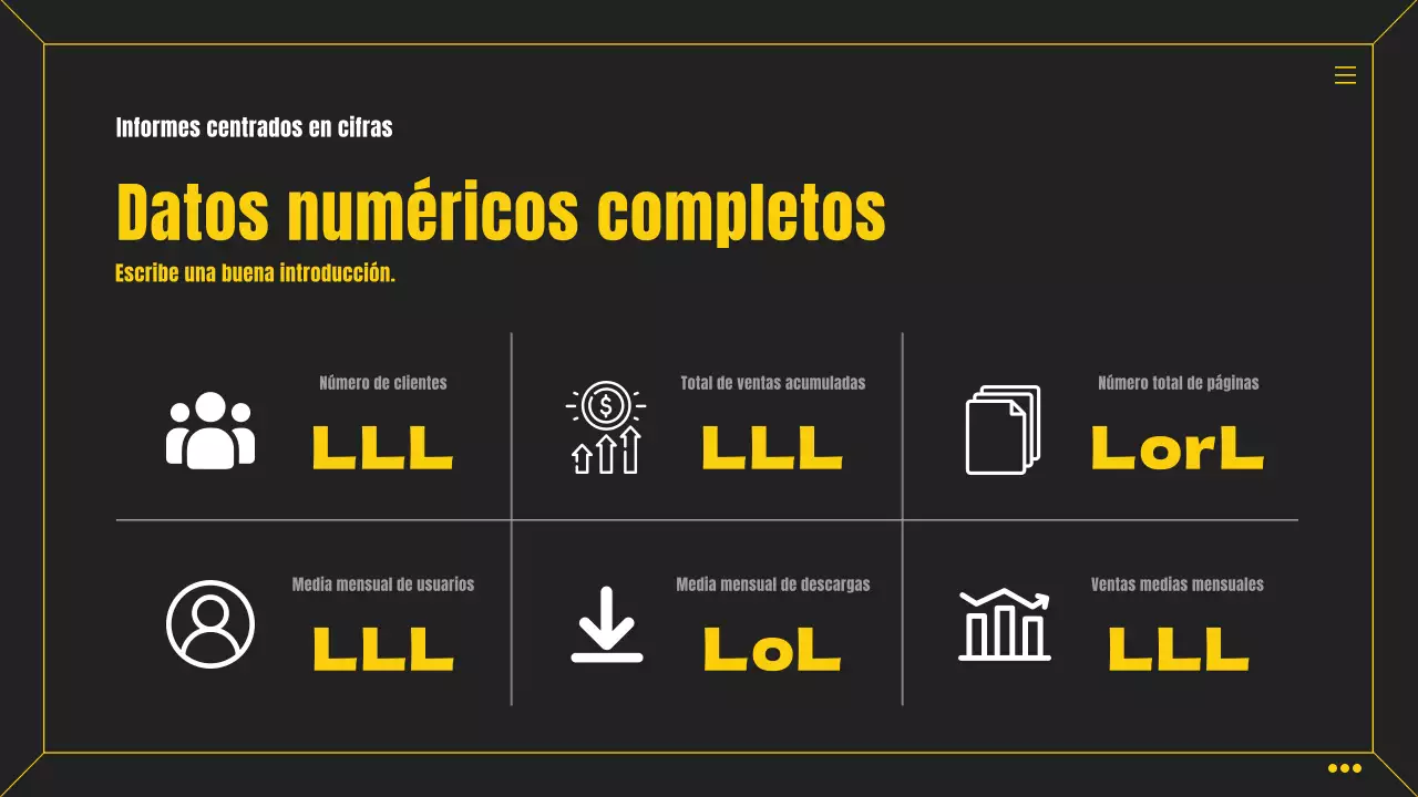 Cuadro de mando empresarial infográfico sencillo en negro y amarillo