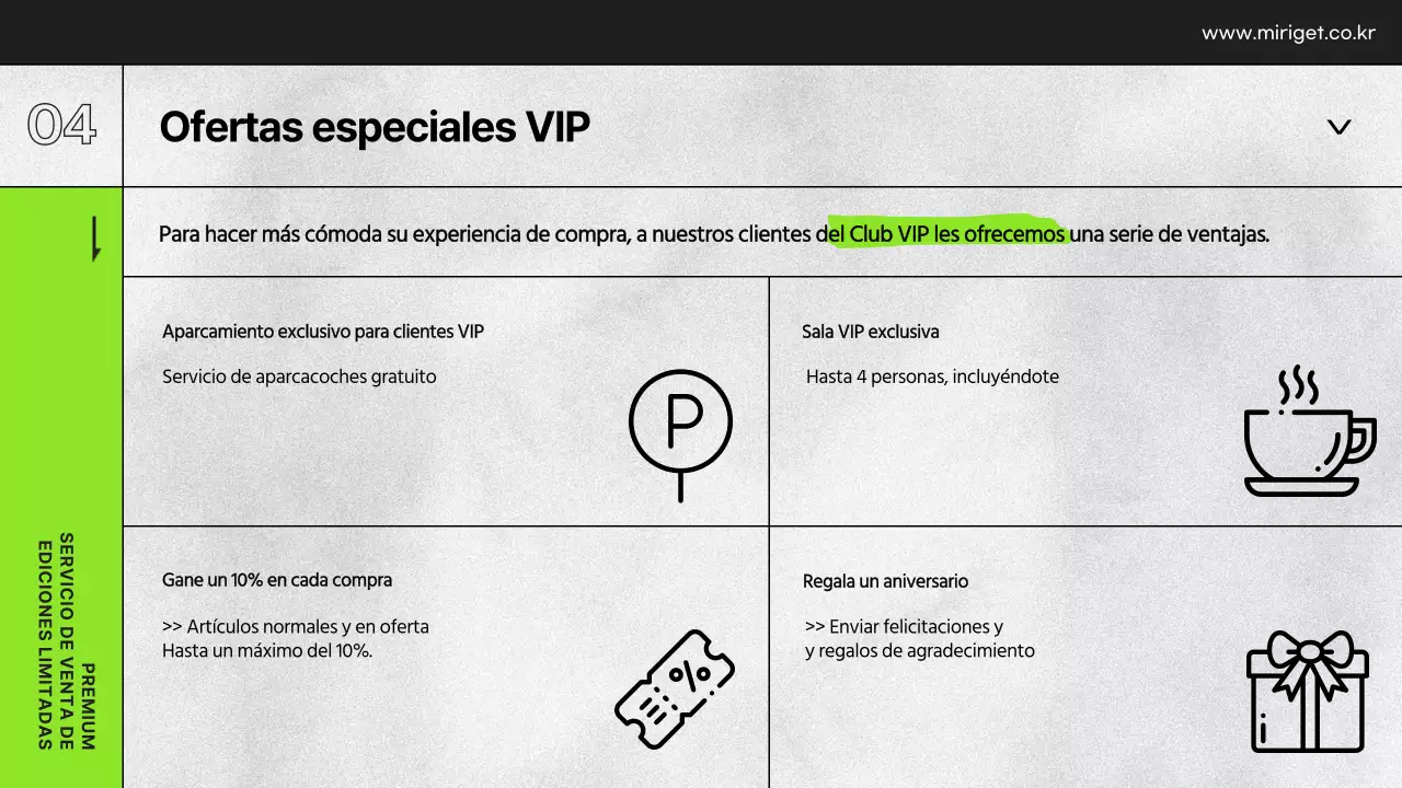 Presentación de los beneficios VIP de los grandes almacenes en blanco y negro y verde lima
