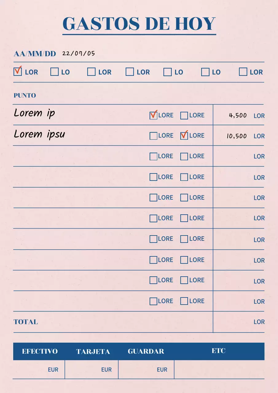 El historial de gastos de hoy y el bolsillo en rosa claro