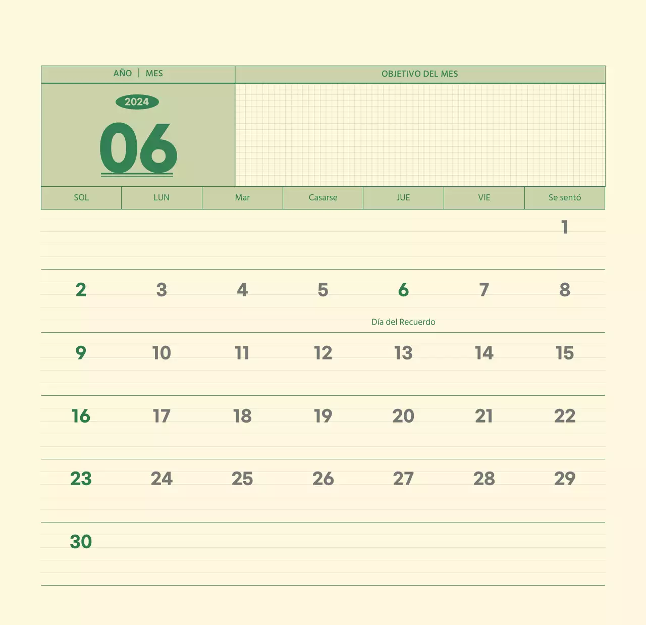 SAT Calendario de pared con concepto de bloc de notas del día D en verde y amarillo claro