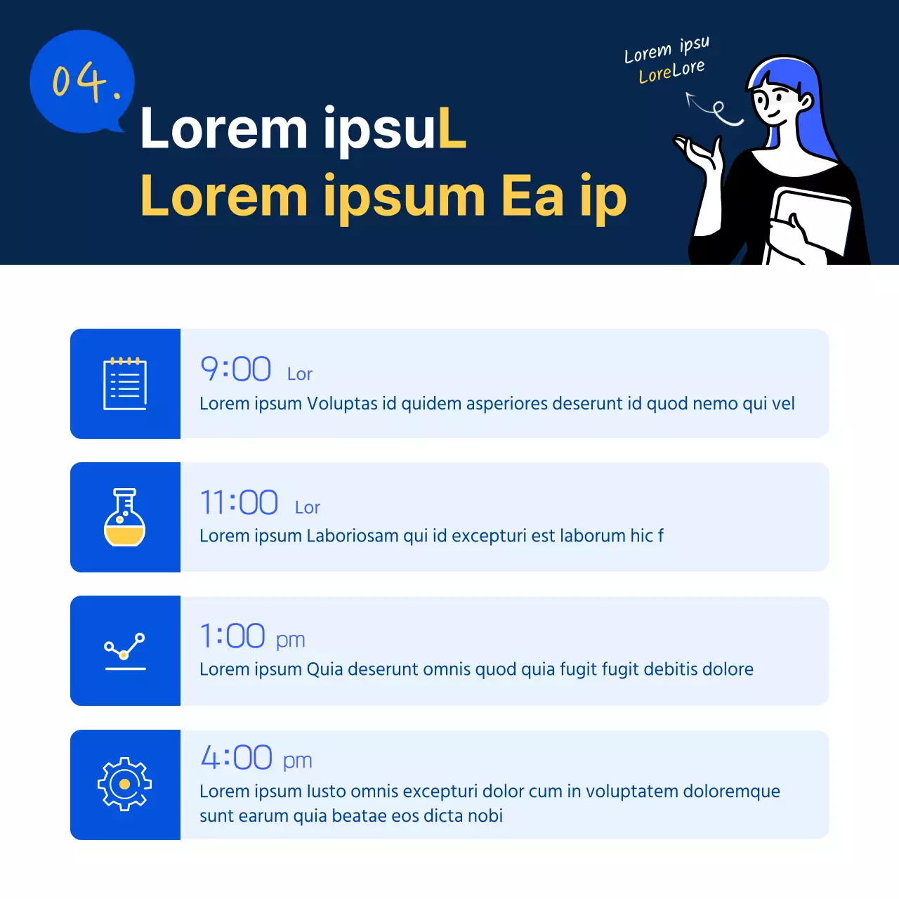 Descripción sencilla del puesto en azul y amarillo para promocionar el laboratorio de I+D