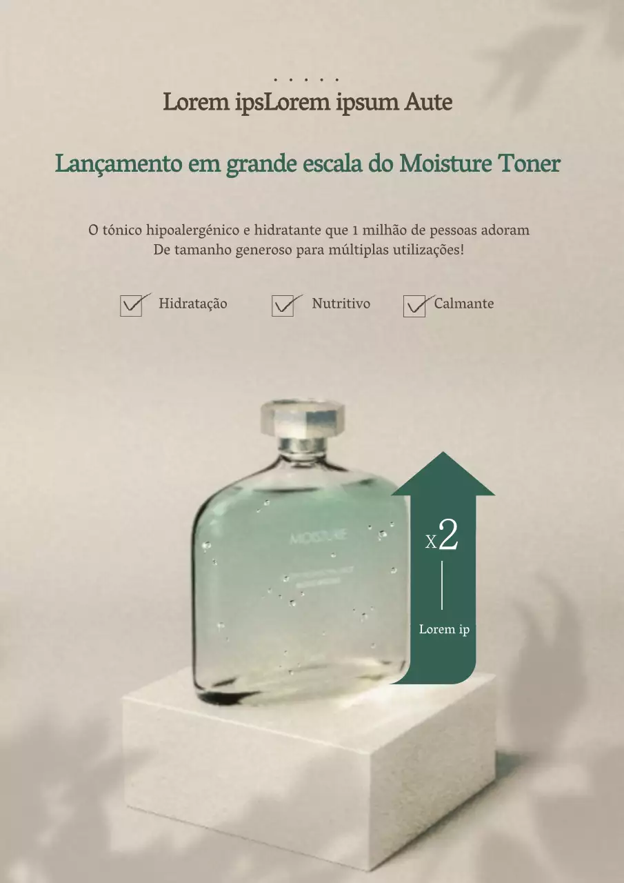 Fotos de destaque em bege para promover o lançamento de cosméticos hidratantes de alta capacidade