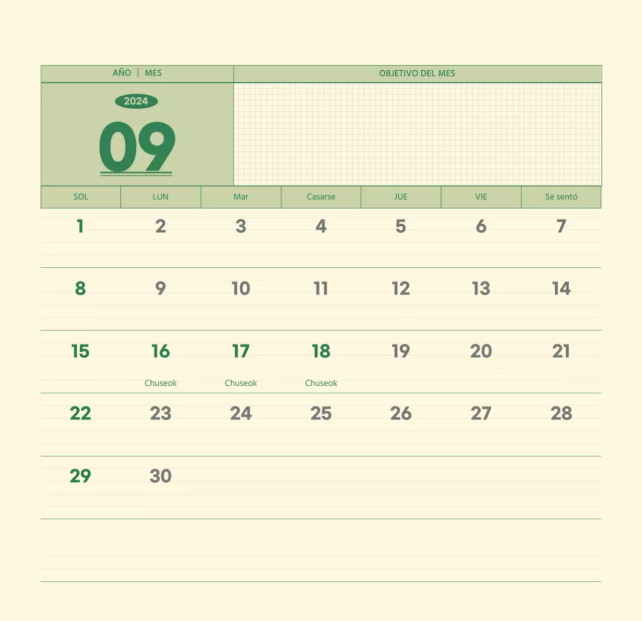 SAT Calendario de pared con concepto de bloc de notas del día D en verde y amarillo claro