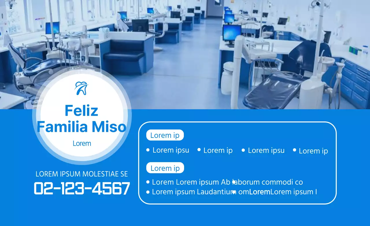 Diseño promocional de clínica dental limpio y sencillo en color azul con fotos