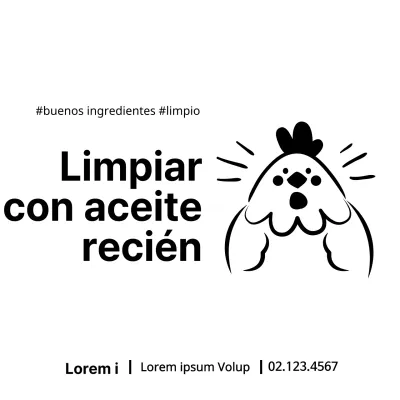 Diseño promocional para una tienda de fideos con una simpática ilustración de un pollo negro.