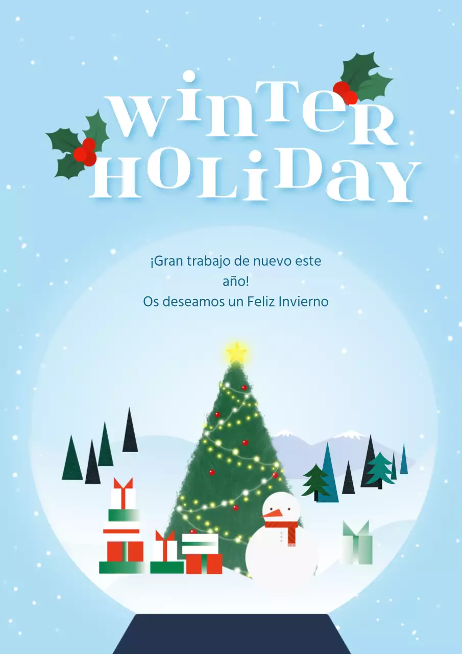 Una felicitación invernal en azul pastel con efecto bola de nieve