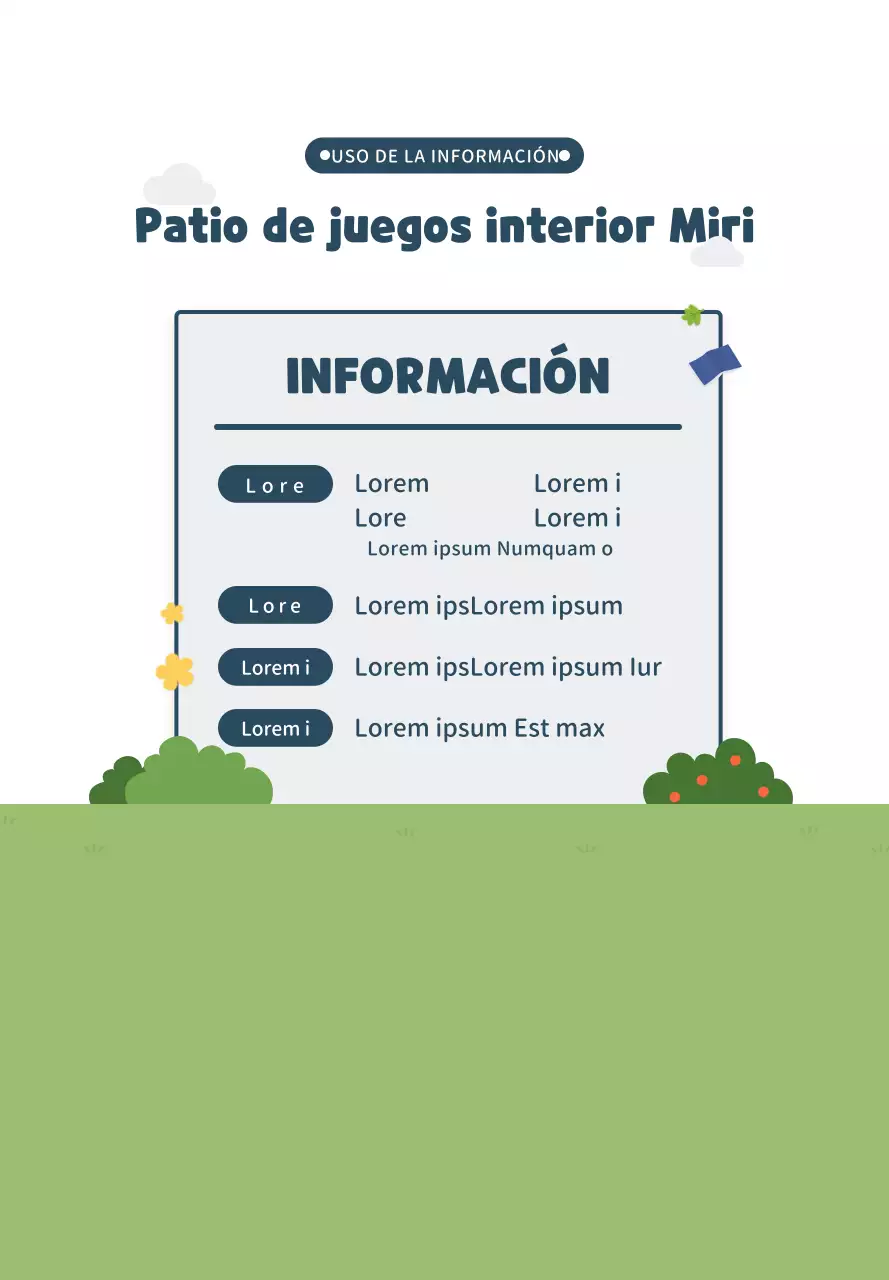 Lindo estilo de ilustración en azul marino y verde Información sobre parques infantiles de interior