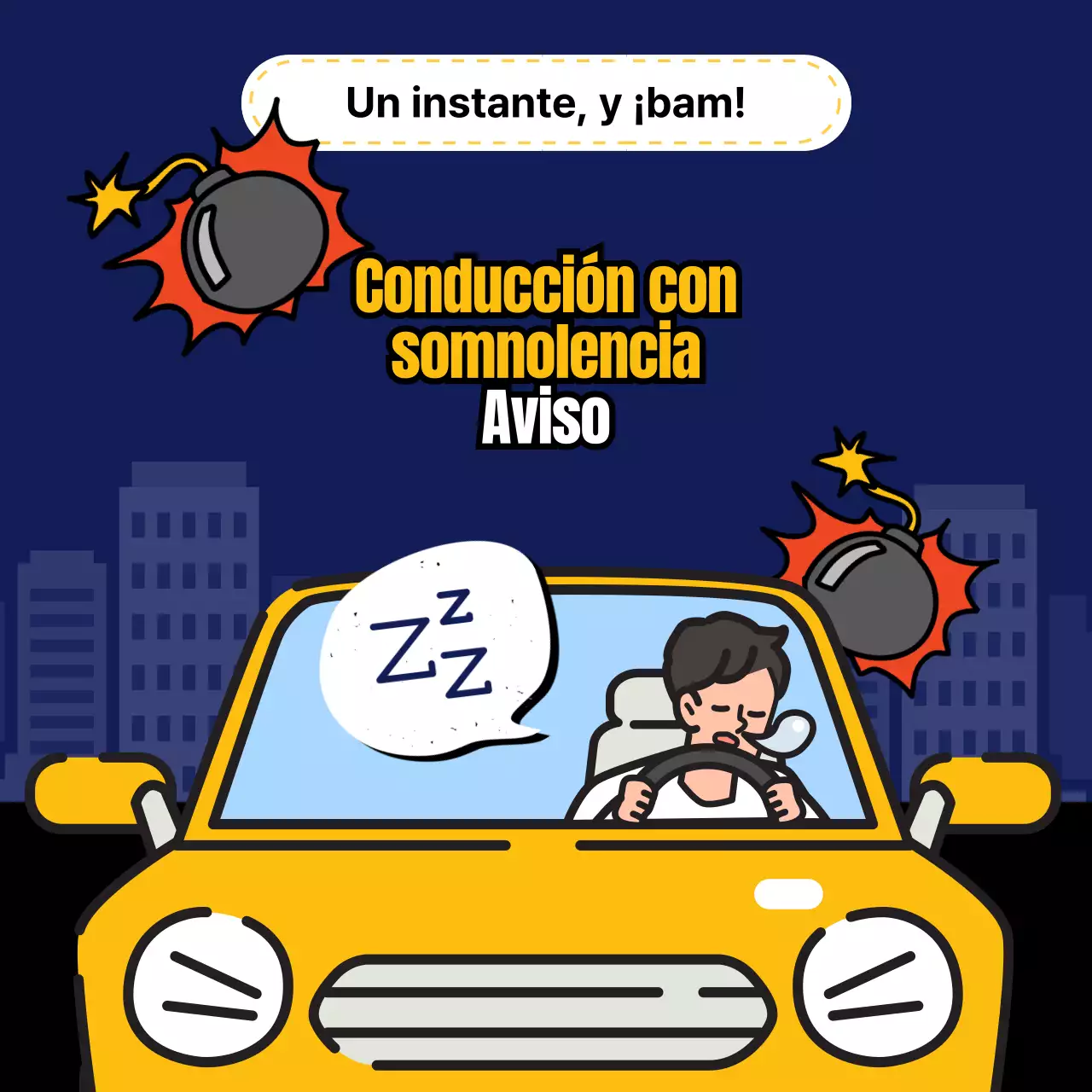 Aviso de somnolencia al volante en azul y amarillo