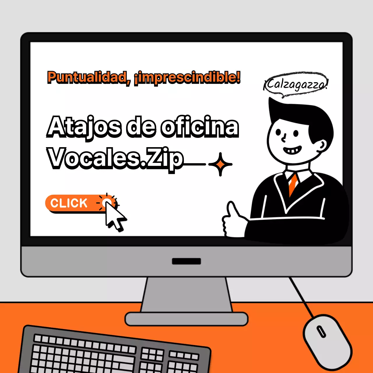 Una colección de atajos de oficina con un concepto ilustrado en naranja y gris.