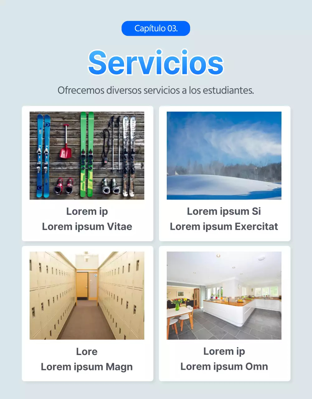 Clases de esquí y snowboard con temática invernal en azul (página detallada)