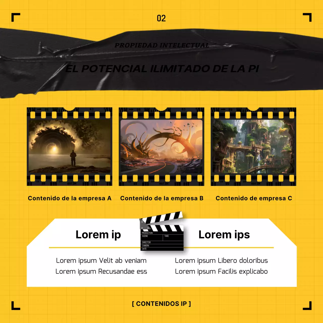 Concepto de cinta de vídeo amarilla y negra Derechos de propiedad intelectual