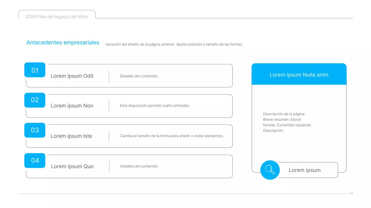Una presentación limpia en azul y blanco del plan de negocio de contenidos culturales