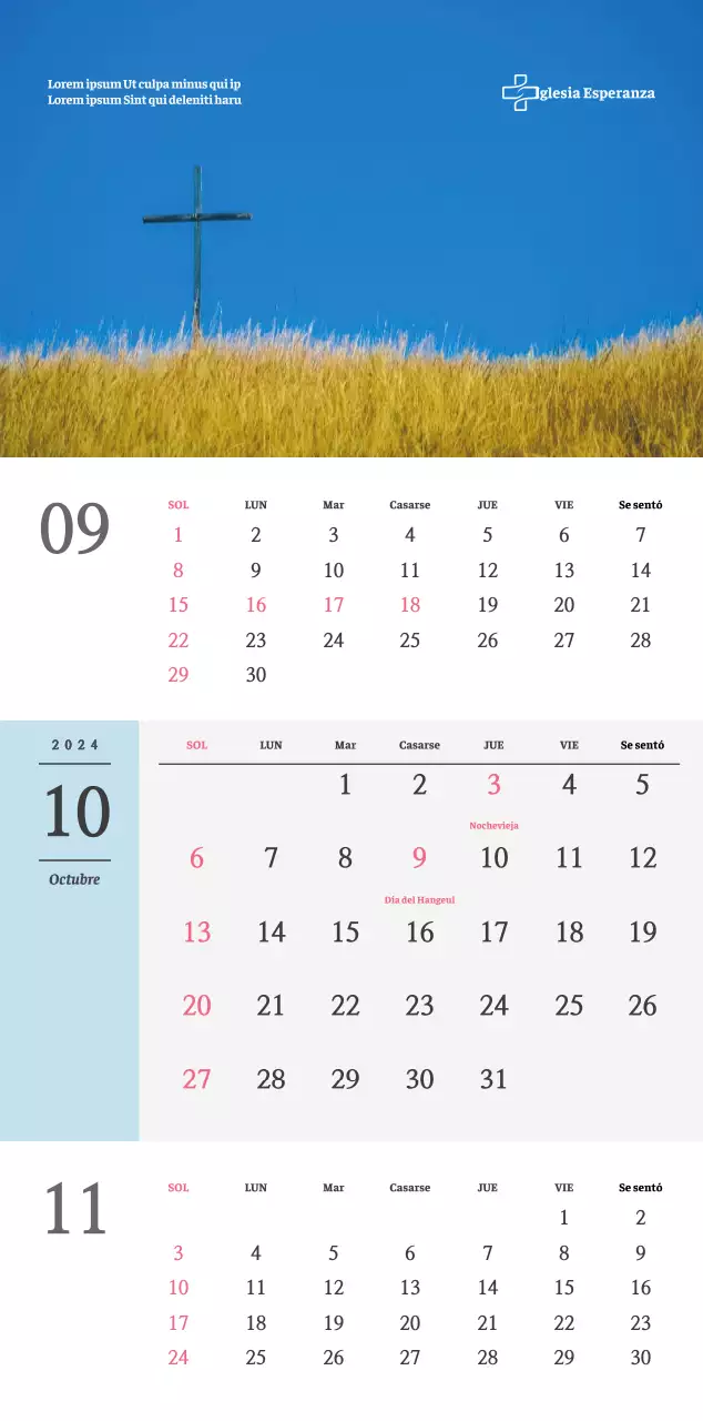 Calendario de pared de iglesia de concepto sencillo en blanco y negro con emotivas fotos religiosas