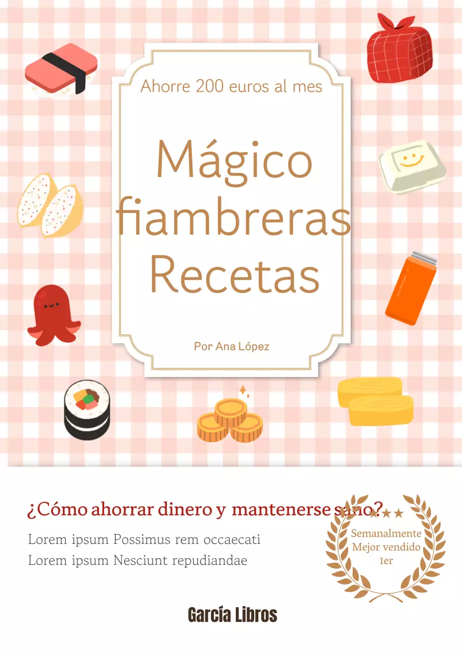 Etiquetas adhesivas sobre fondo rosa a cuadros Título Recetas Bento Ahorro