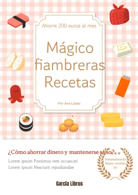 Etiquetas adhesivas sobre fondo rosa a cuadros Título Recetas Bento Ahorro