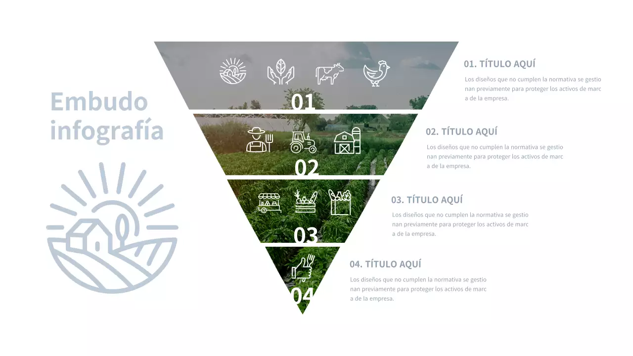Infografía en forma de embudo con aire de granja azul y gris