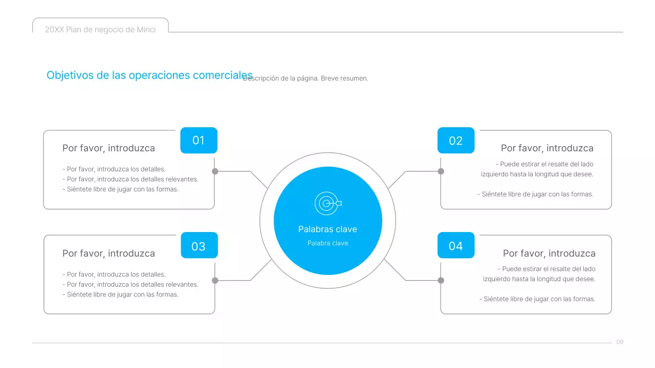 Una presentación limpia en azul y blanco del plan de negocio de contenidos culturales