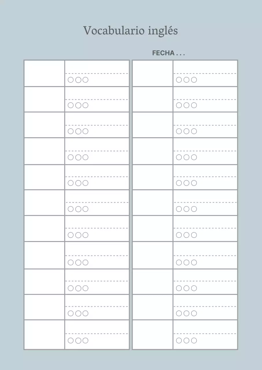Póster de diseño de tabla de vocabulario de inglés sencillo en azul claro