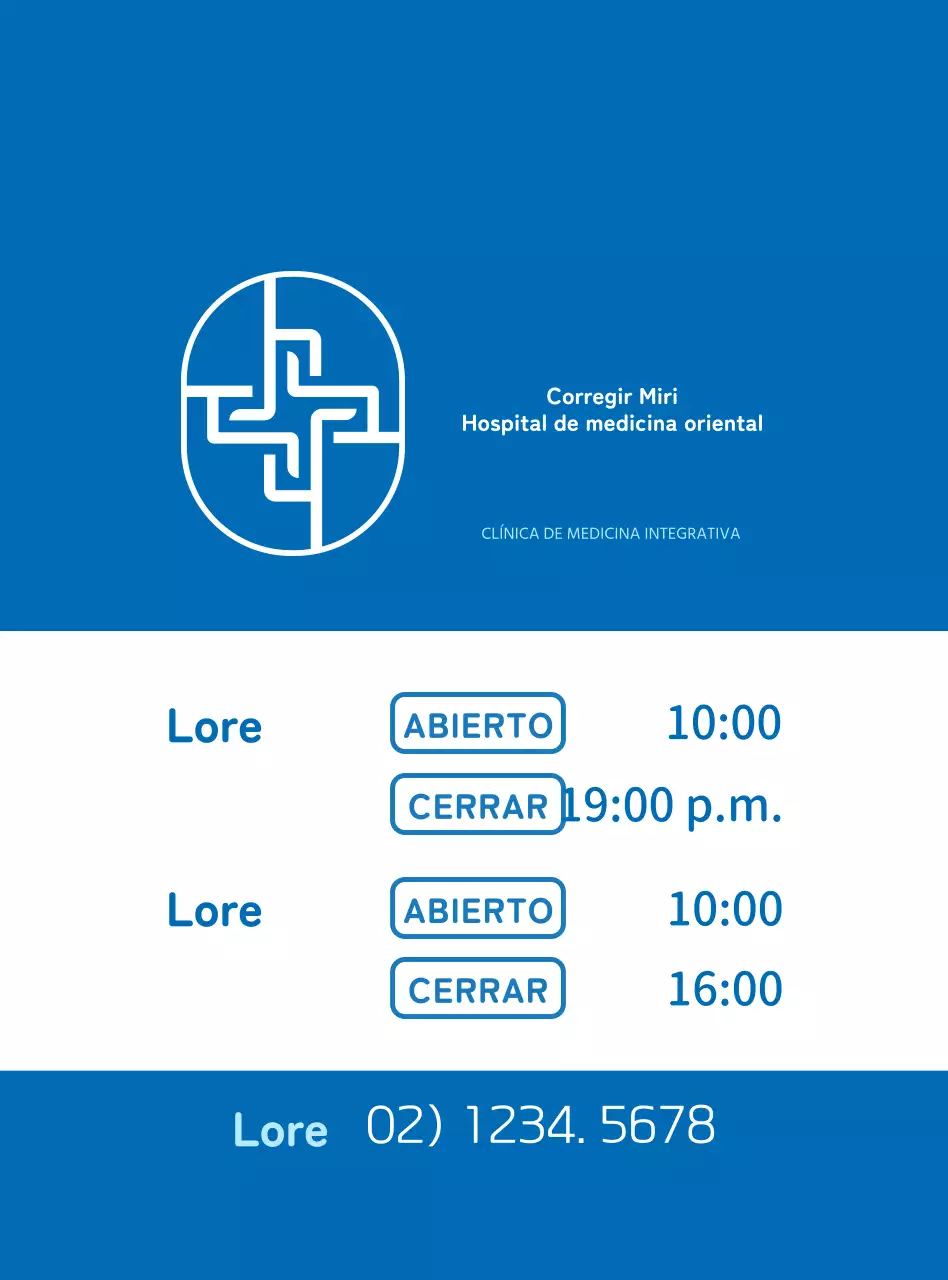 Información y promoción de clínicas de medicina oriental con un concepto limpio en azul y blanco