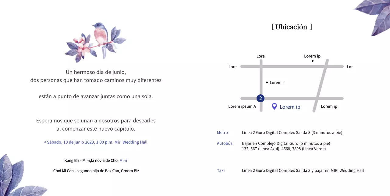 Invitación de boda con flores del amor en tonos rosas y loros