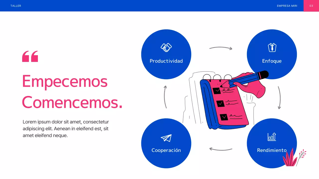 Taller de trabajo en equipo ilustrado en azul y rosa