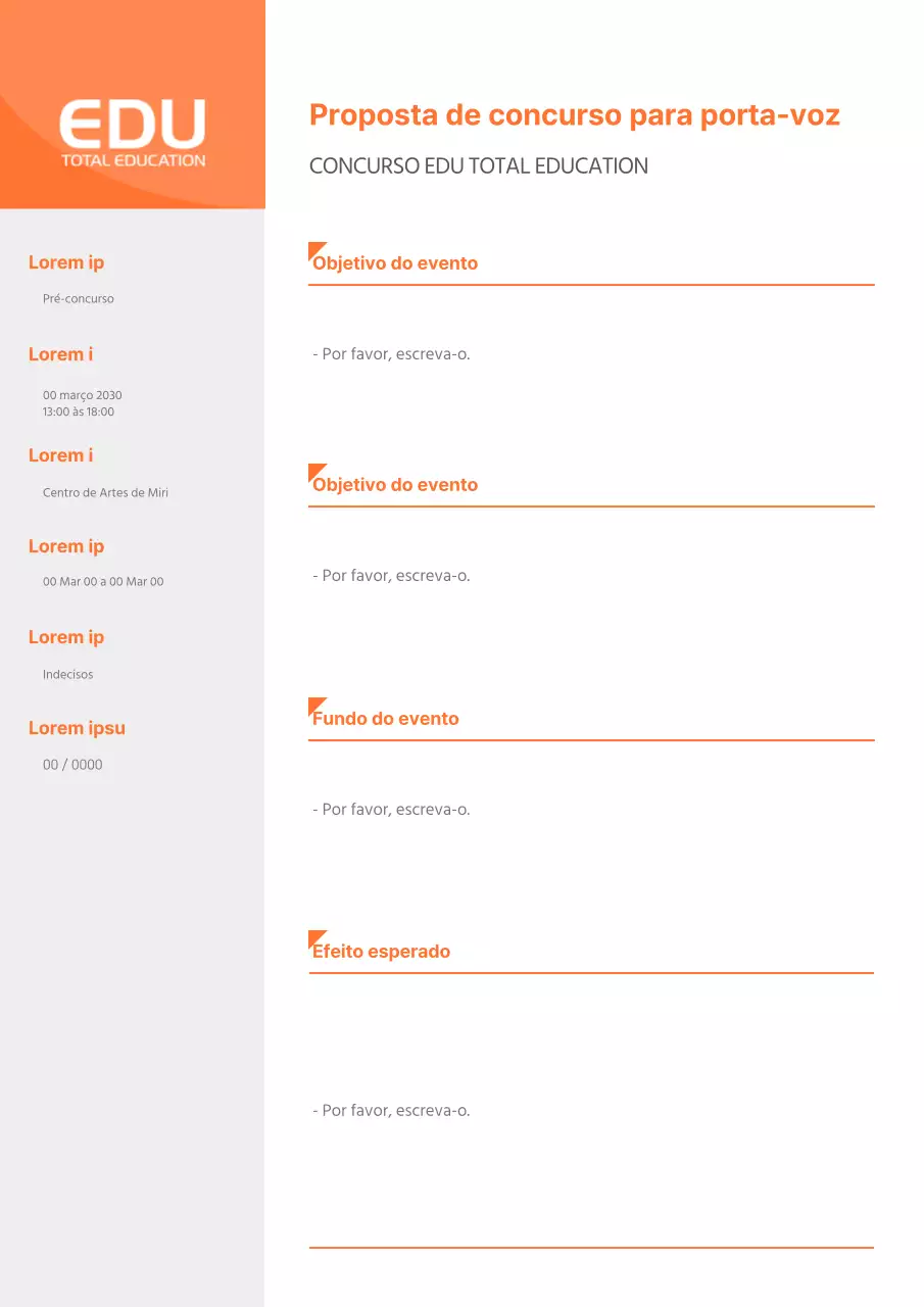 Formatação limpa do documento da proposta de concurso em laranja e cinzento
