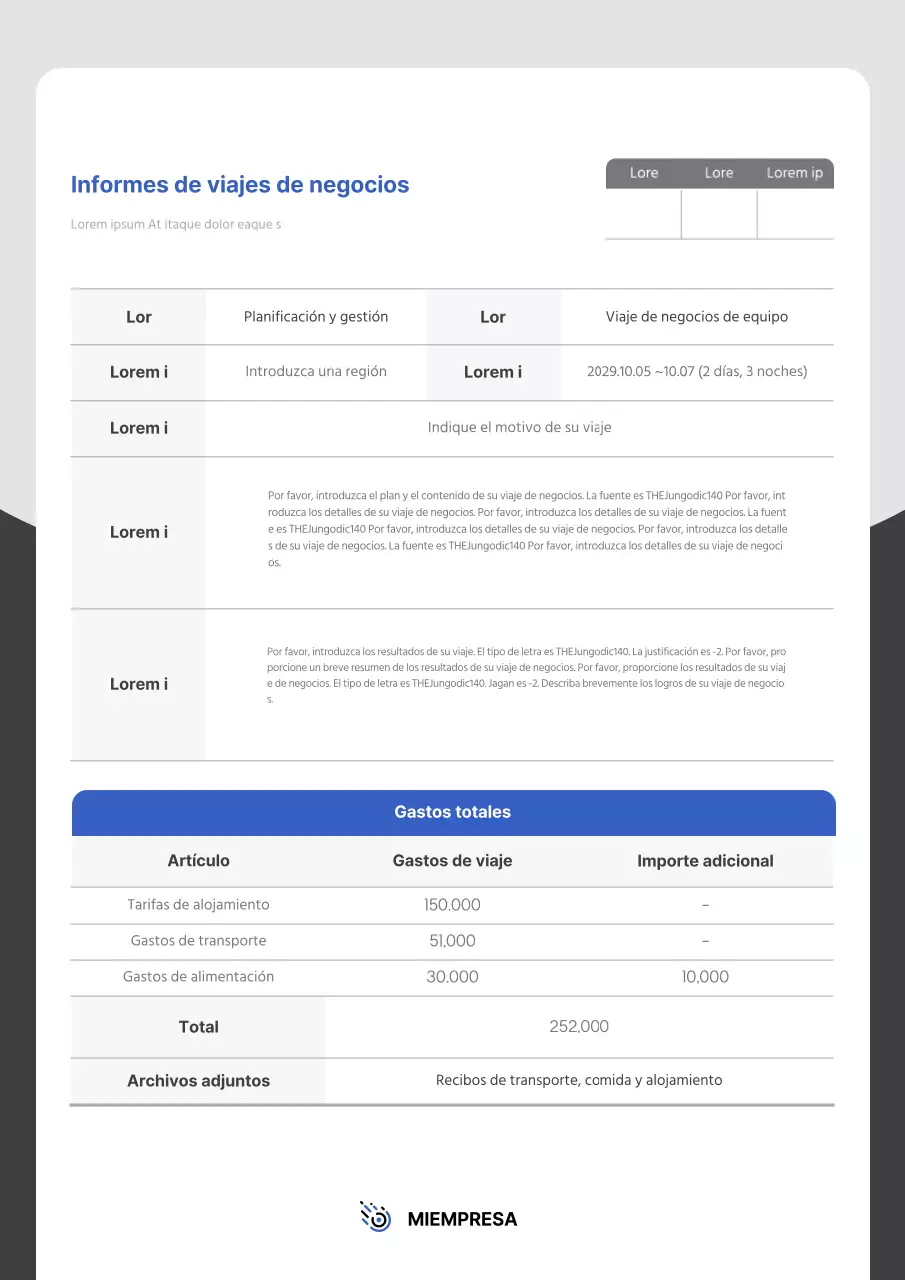 Informes de viajes de negocios en azul y gris
