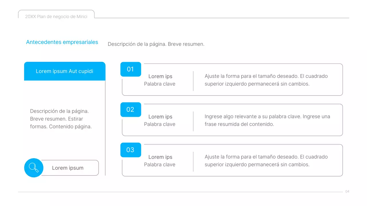 Una presentación limpia en azul y blanco del plan de negocio de contenidos culturales