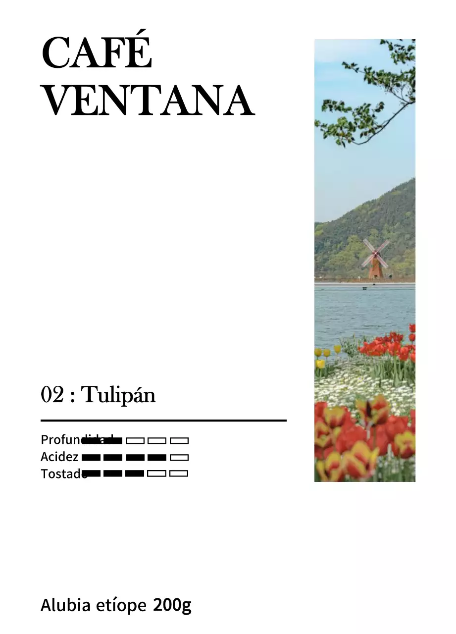 Un diseño sencillo con una foto de paisaje de tulipanes vintage en negro