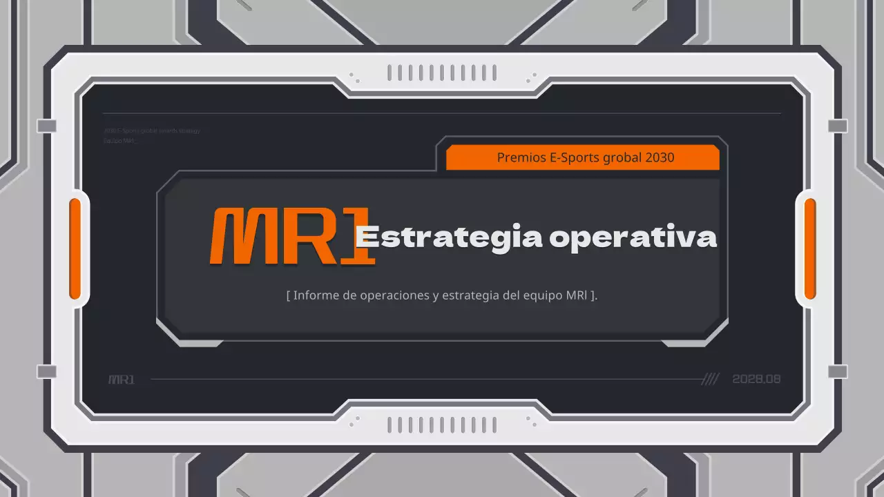 Informe de estrategia de juego con un concepto mecánico en colores neutros y naranja.