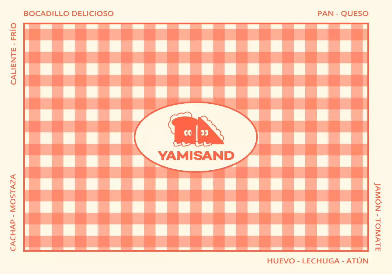 Una sandwichería con cuadros rojos y amarillos y simpáticos personajes