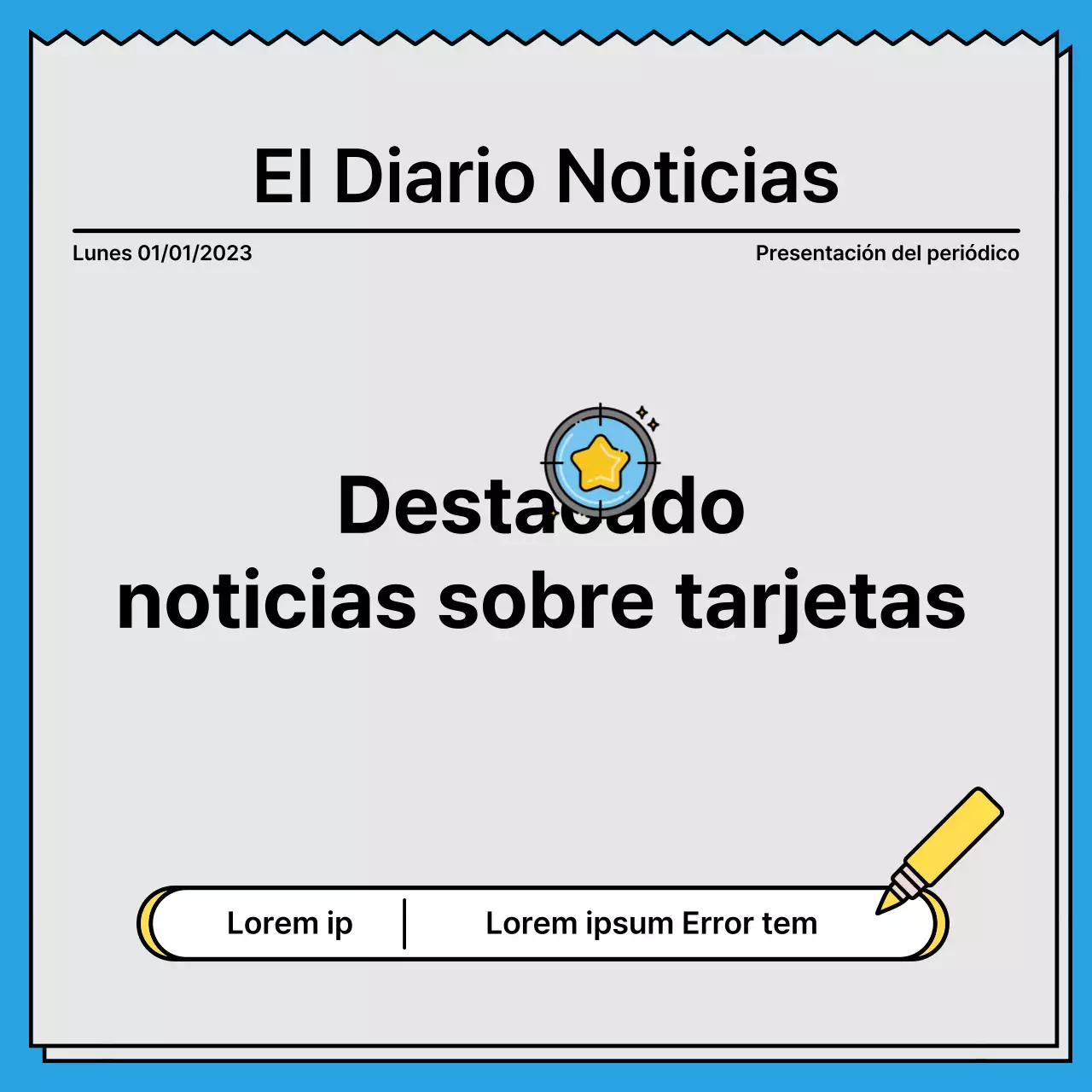 Una tarjeta de noticias audaz y llamativa en un concepto de periódico con acentos en amarillo y azul claro.