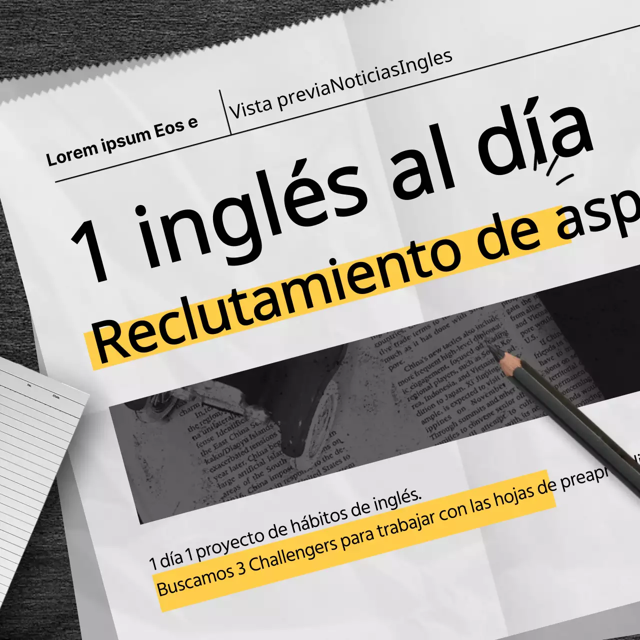 Convocatoria de Challengers ingleses con un concepto de periódico negro y amarillo
