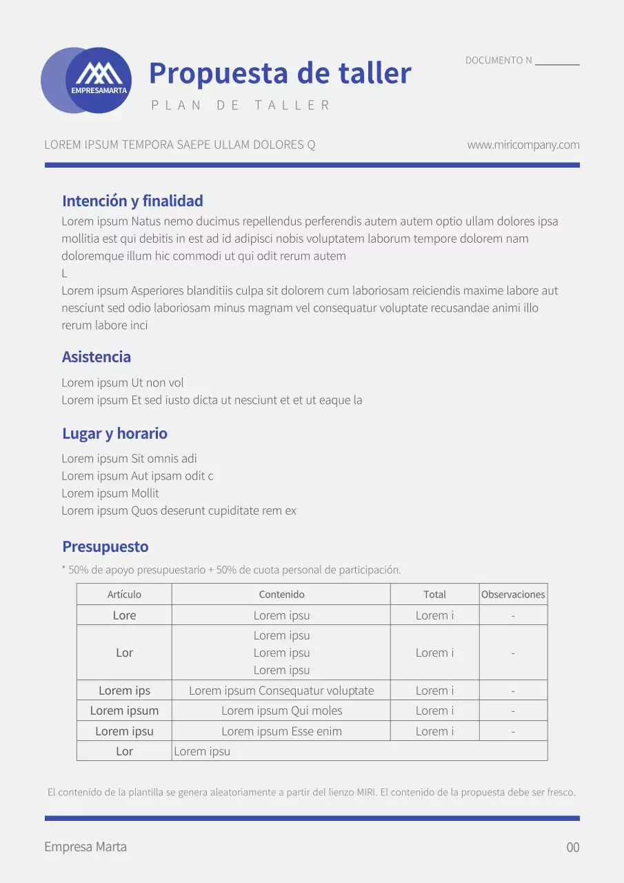 Modelo sencillo de documento de propuesta de taller en azul y gris claro