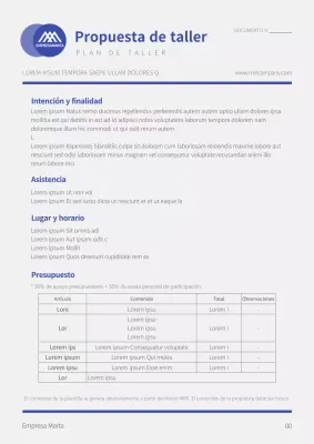 Modelo sencillo de documento de propuesta de taller en azul y gris claro