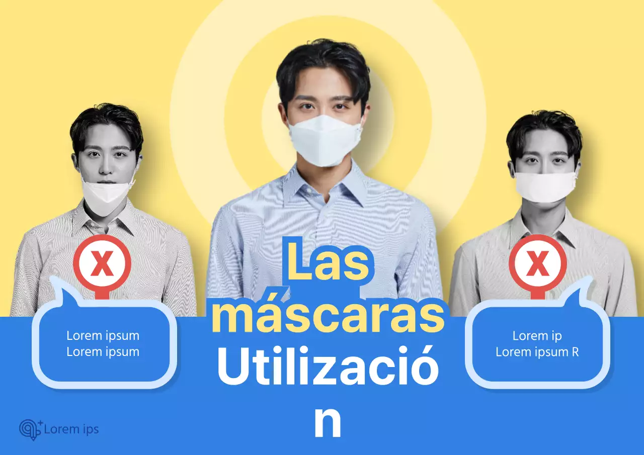 COVID-19 cartel de usuario de mascarilla correcta con imagen humana sobre fondo amarillo-azul