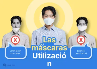 COVID-19 cartel de usuario de mascarilla correcta con imagen humana sobre fondo amarillo-azul
