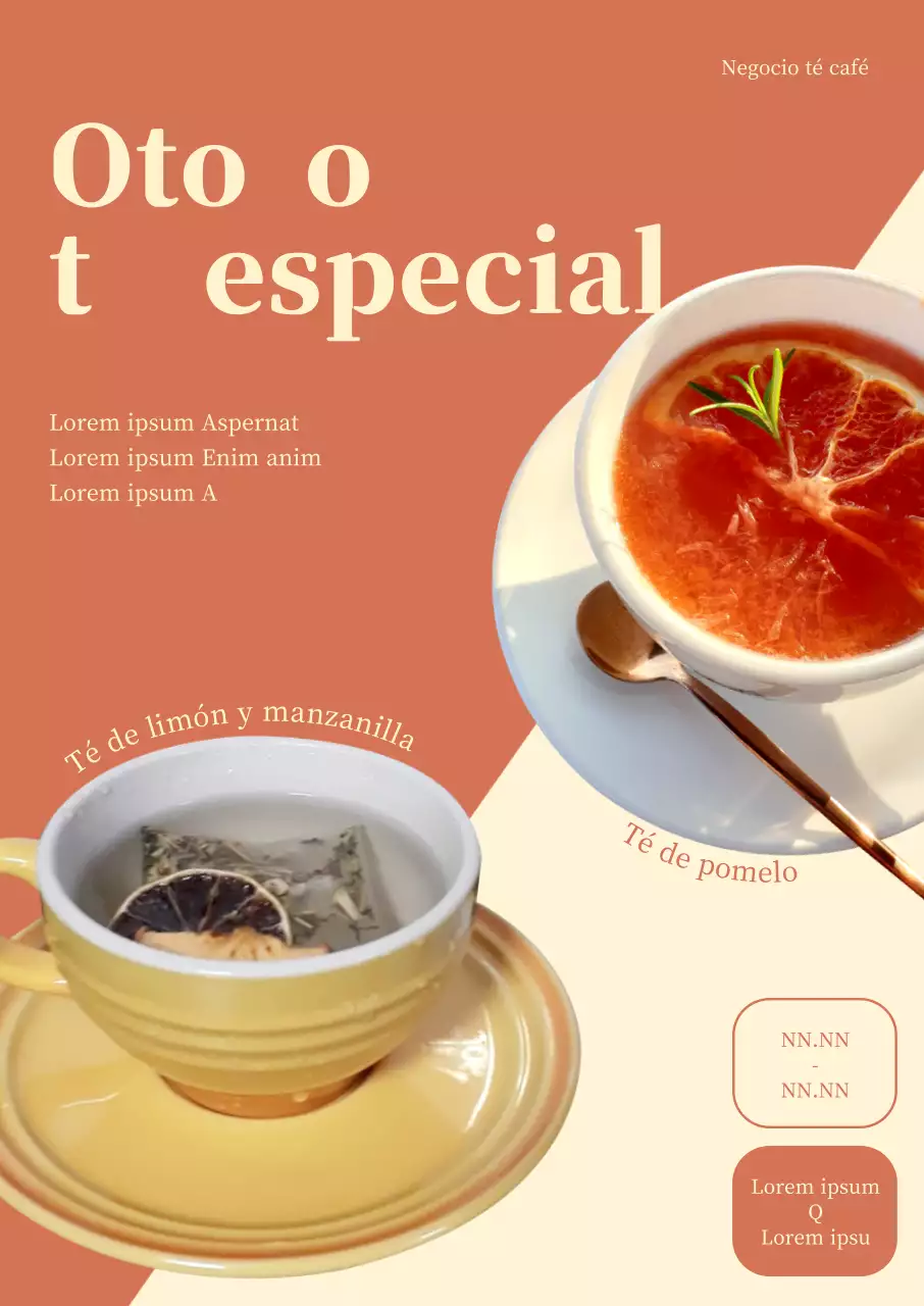 Cartel de té de otoño con fotos de dos menús sobre fondo partido