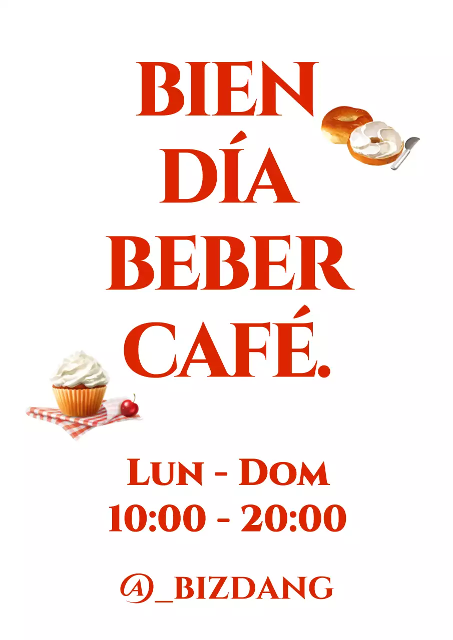 Diseña una cafetería con texto y horario de apertura en rojo