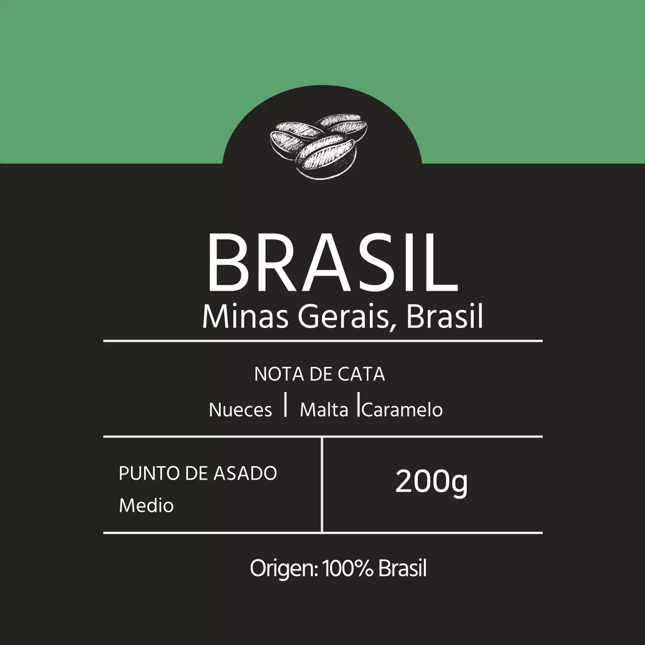 Etiqueta ilustrada verde de café en grano