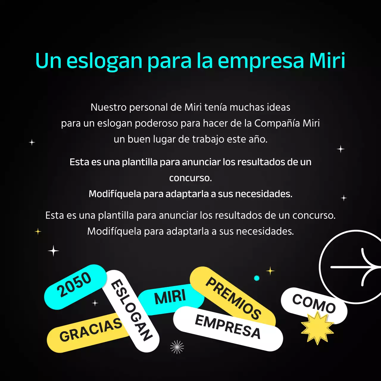 Los ganadores de los eslóganes se anuncian en blanco y negro con puntos azul claro y amarillo CardNews