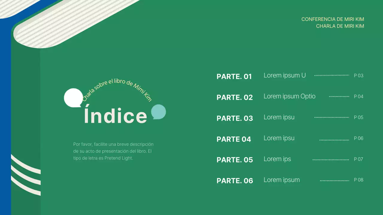 Una sencilla presentación verde y azul para la presentación de un libro
