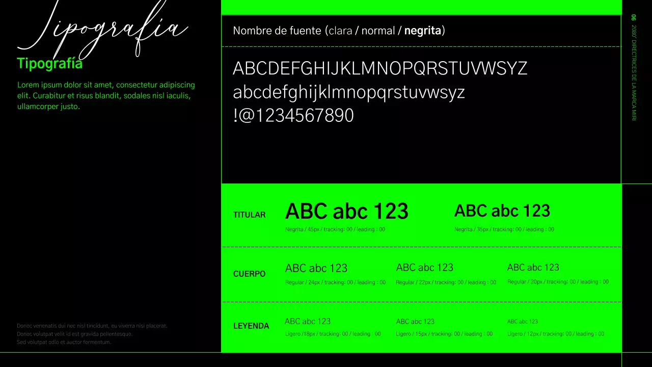 Directrices de identidad de la marca en formato cuadriculado verde lima y negro