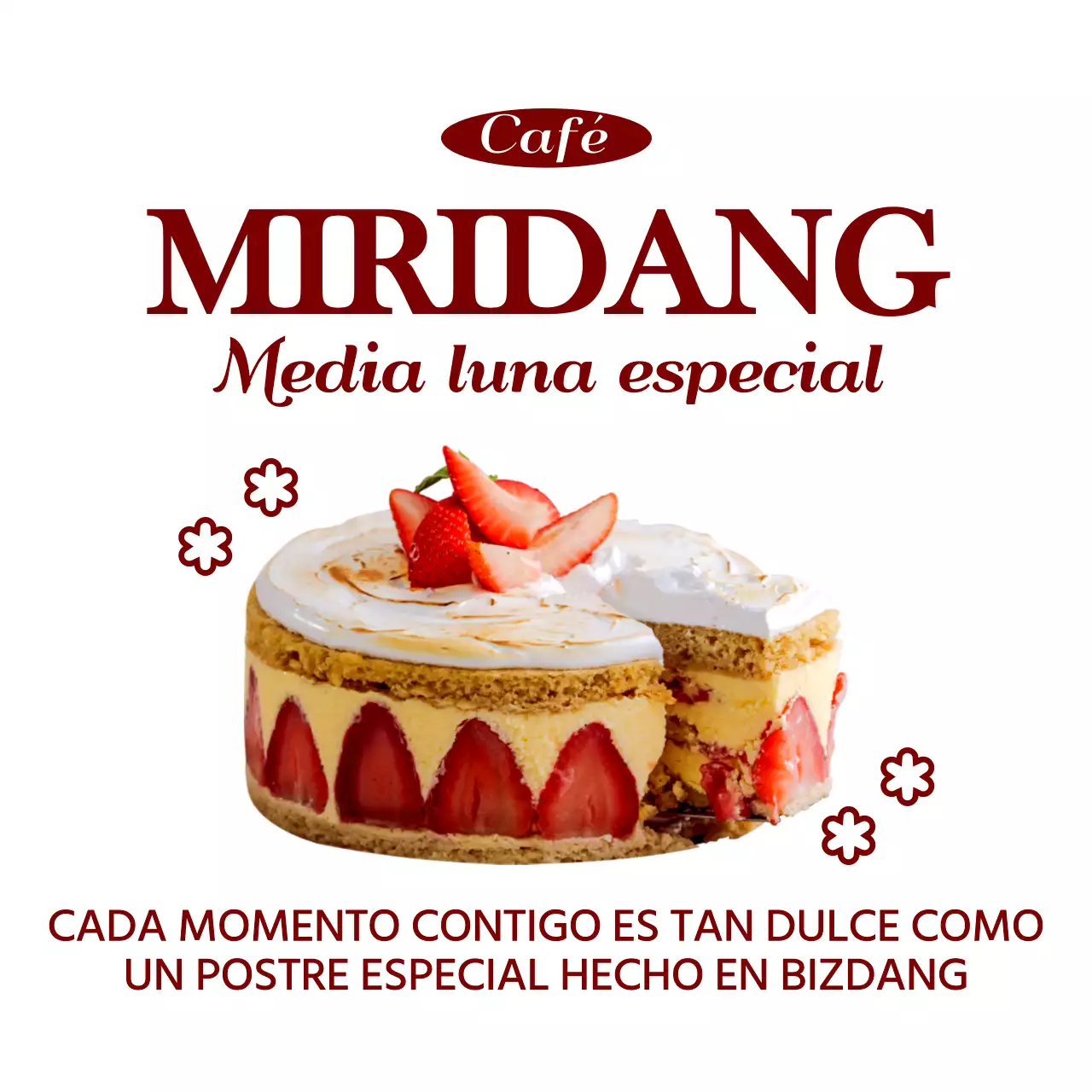 Texto sencillo y emotivo y fotos de postres en morado y blanco para promociones y productos de cafetería.
