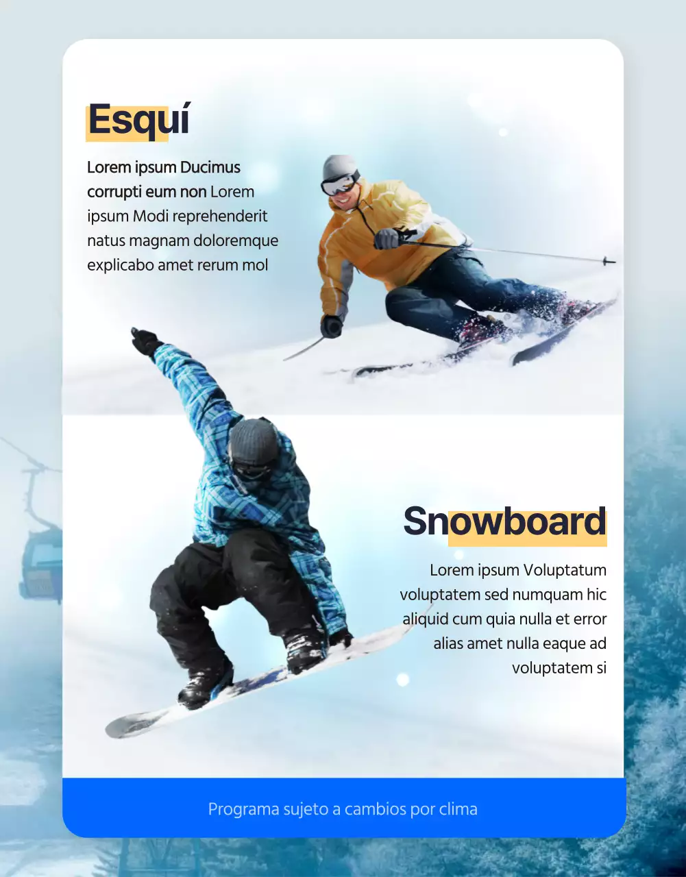 Clases de esquí y snowboard con temática invernal en azul (página detallada)