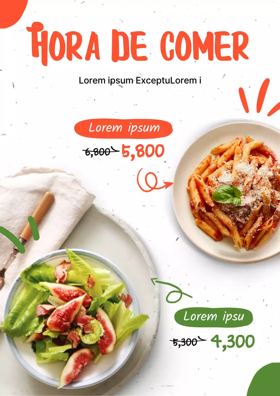 Utiliza el naranja y el verde para promocionar descuentos en menús de pasta y ensaladas